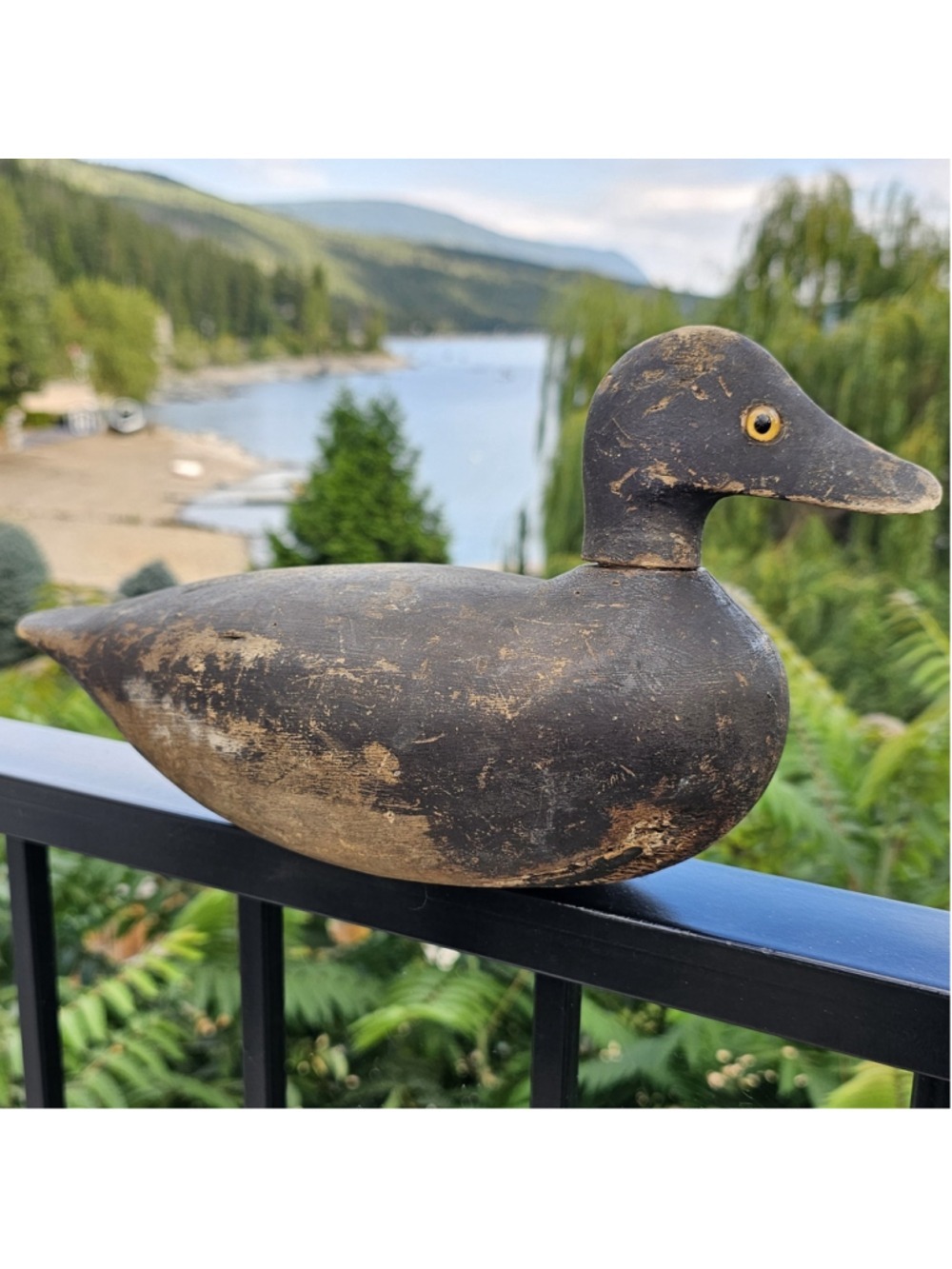 Antique Primitive Hand Carved Wooden Duck Decoy Glass Eyes 13" Folk Art
